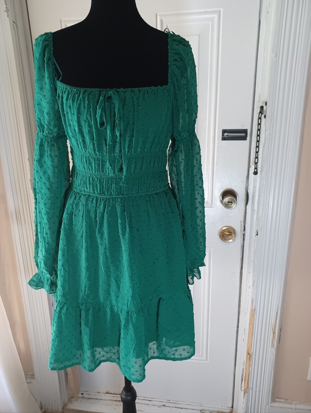 Emerald Green Swiss Dot Long Sleeve Smocked Waist Dress